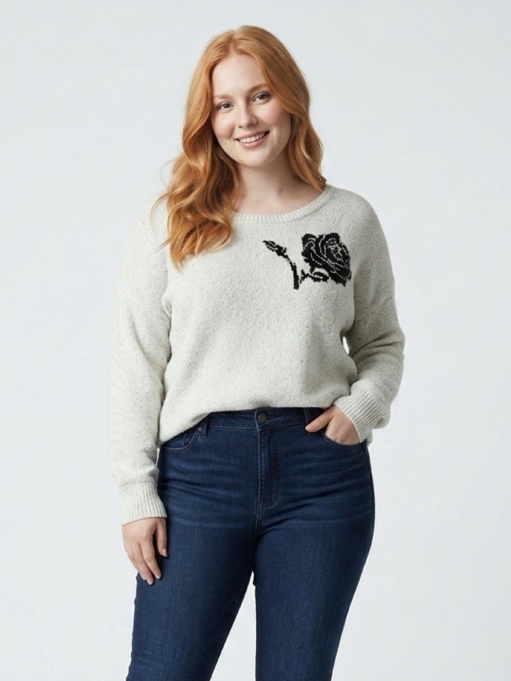 Torrid white Sweater with Black Floral Design
